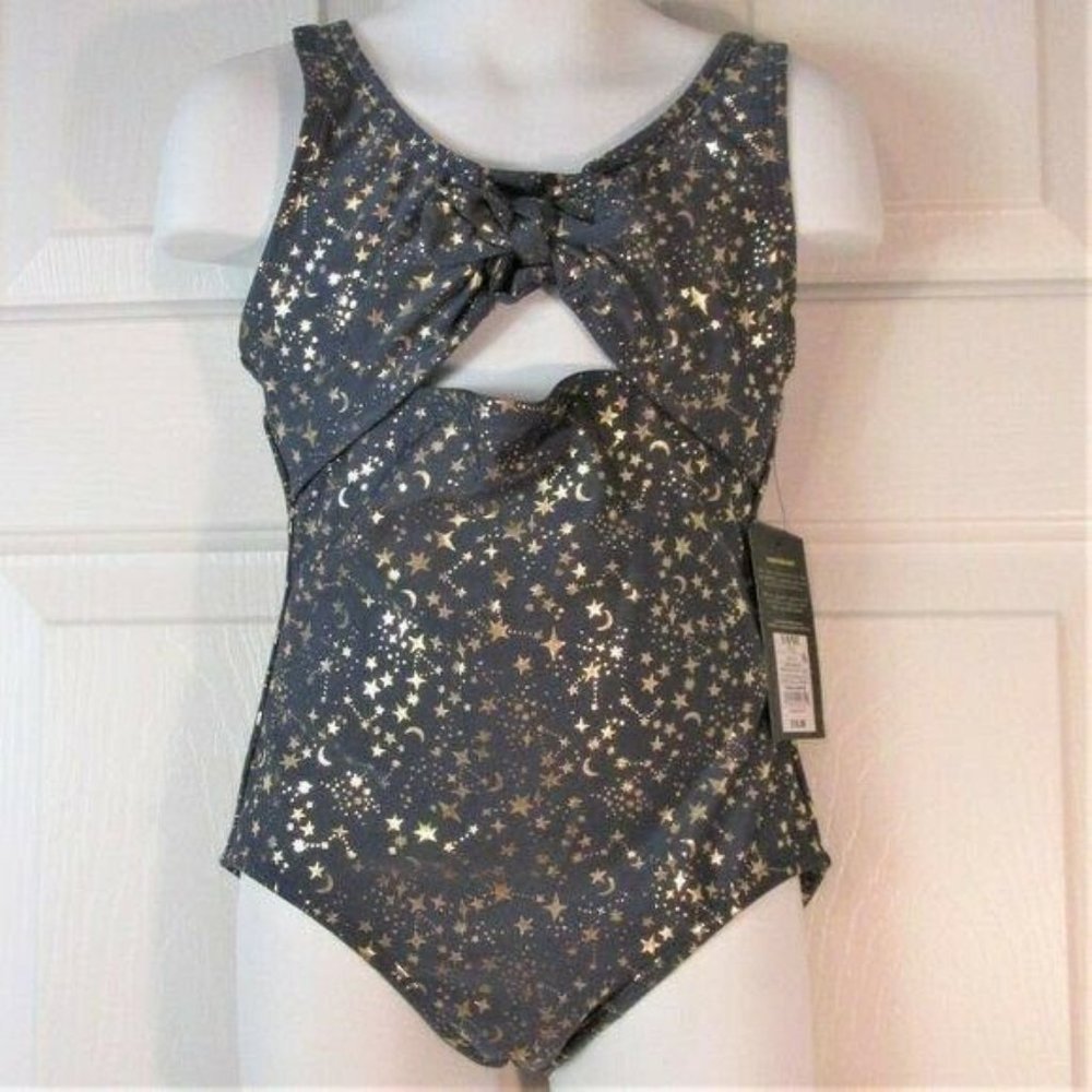 Art Class Girls swim suit Zephyr Blue with gold metallic Moon Stars Bathing